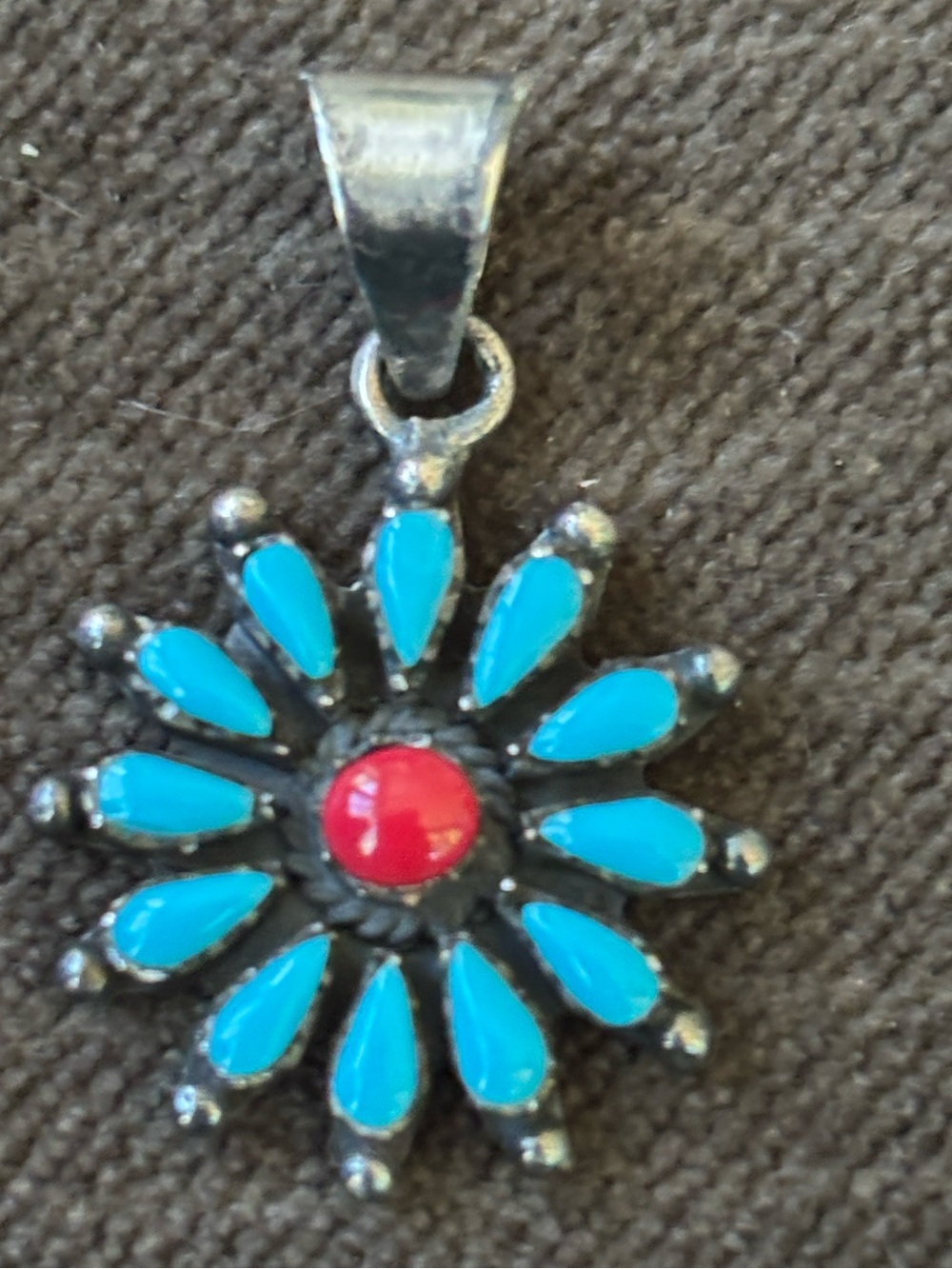 .925 Sterling Silver Blue Red Flower Pendant Fine Jewelry Native American